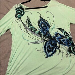 Apartment 9 womans Mint Green Top with Blue Butterfly Design size XL
